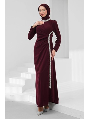 İmaj Butik Bordo Önü Drapeli Taşlı Abiye
