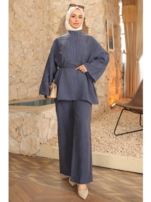 İmaj Butik Lacivert Nakışlı Bel Ipli Tunik Pantolonlu Takım