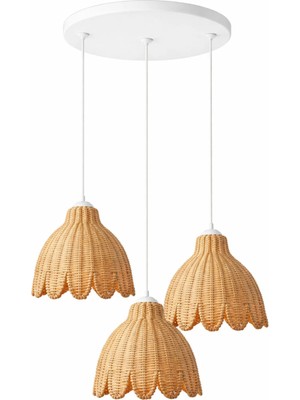 JouJou El Yapımı Rattan Tulıpa 3'lü Avize 30X30 cm | Doğal Kök Boya ve Subazlı Vernikli Aydınlatma