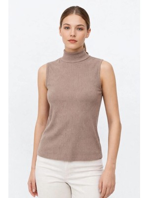 Glam Love Kadın Yarım Balıkçı Yaka Fitilli Kaşkorse Atlet Basic Şık Bluz Badi - Bej