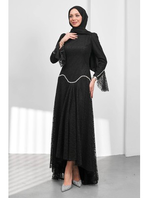 İmaj Butik Siyah Güpürlü Astarlı Taşlı Abiye