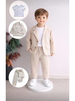 Çelix Kids Celix Mendili Kapalı Keten Ceketli &tişört 3 Lü Erkek Çocuk Takım Krem