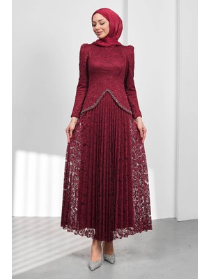 İmaj Butik Bordo Güpürlü Eteği Piliseli Tasarım Abiye