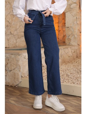 İmaj Butik Koyu Mavi Bel Kuşaklı Bol Paça Kot Pantolon