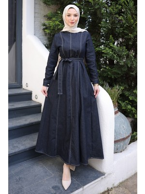 İmaj Butik Lacivert Kuşaklı Kot Elbise Uzun Kol Düz Desen Kloş Kalıp Premium Kumaş