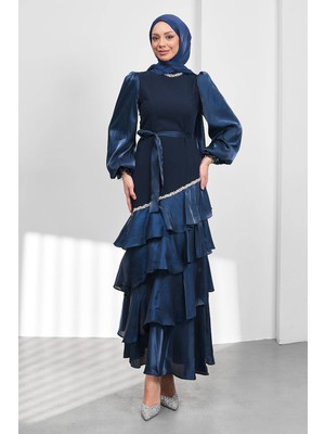 İmaj Butik Lacivert Yakası ve Eteği Taşlı Kemerli Abiye