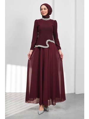İmaj Butik Bordo Asimetrik Detaylı Taşlı Abiye