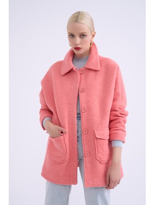 Sateen Cep Detaylı Buklet Kaban - Pudra