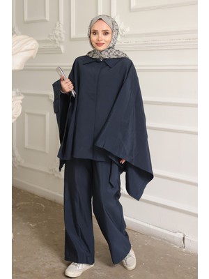 İmaj Butik Lacivert Düğmeli Pantolonlu Panço Takım
