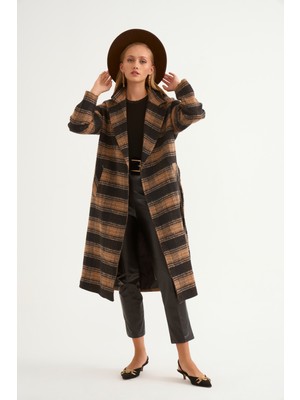 Sateen Ekose desenli kuşaklı kaban - Siyah-Camel