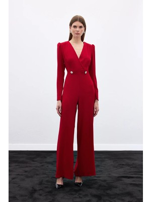 Sateen Kruvaze Süs Taşlı Krep Tulum - Kırmızı