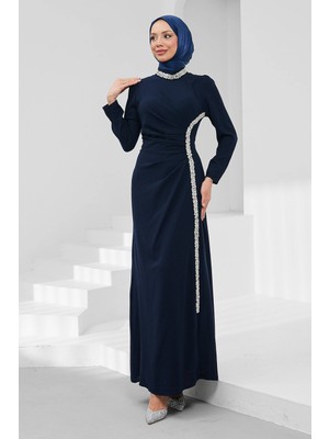 İmaj Butik Lacivert Önü Drapeli Taşlı Abiye