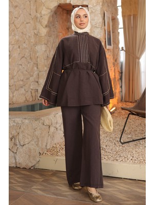 İmaj Butik Kahverengi Nakışlı Bel Ipli Tunik Pantolonlu Takım