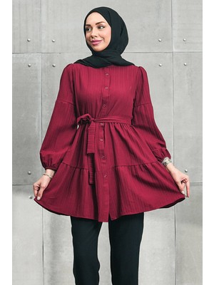İmaj Butik Bordo Kol Lastikli Eteği Katlı Tunik