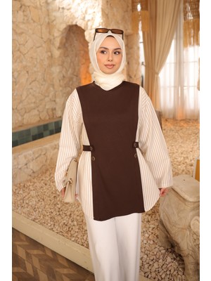 İmaj Butik Kahverengi Gömlek Garnili Modal Sweat