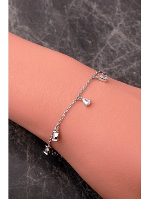 Sümer Telkari Damla Taşlı Sallantılı Rodyumlu 925 Ayar Gümüş Bileklik 4940