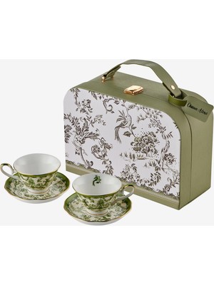 Chiara Alessi Flower Garden Yeşil Porselen Deri Çantalı Kahve Fincan Seti 90 ml