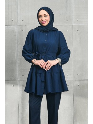 İmaj Butik Lacivert Kol Lastikli Eteği Katlı Tunik