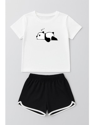 Perendi Kız Çocuk Panda Baskılı Biye Detaylı Şortlu Takım