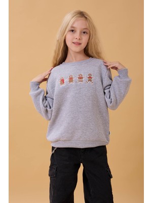 Perendi Kız Çocuk Bisiklet Yaka Kurabiye Nakışlı Sweatshirt