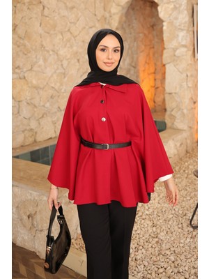 İmaj Butik Bordo Kemerli Düğmeli Dabıl Panço