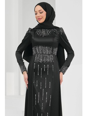 İmaj Butik Siyah Önü Taşlı Saten Abiye