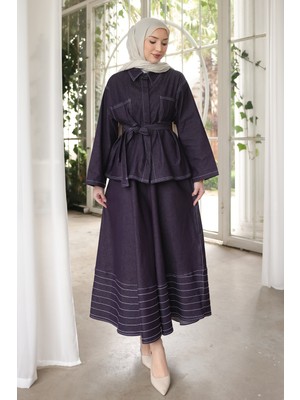 İmaj Butik Mürdüm Kuşaklı Ceket Etekli Takım Kot Takım