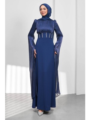 İmaj Butik Lacivert Kol Detaylı Balık Model Taşlı Abiye