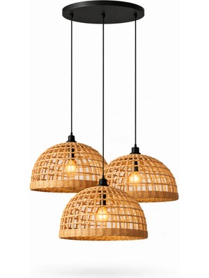 JouJou El Yapımı Rustik Rattan Avize 3'lü Set Soho 30X30 cm | Doğal Kök Boya Vernikli Iskandinav Aydınlatma