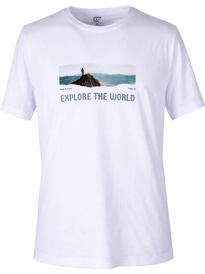 Trender 26Y595000002 Beyaz Erkek T-Shirt Explore The World Baskılı
