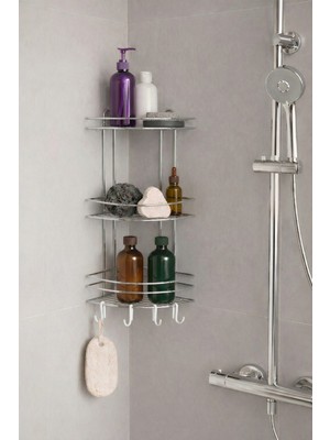 Sas Haus Banyo Köşe Rafı Askılı Duş Organizeri ve Şampuanlık 3 Katlı Krom Ek-03