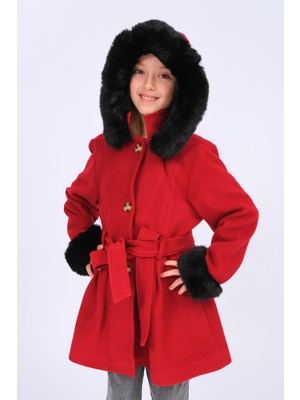 Perendi Kız Çocuk Kürk Detaylı Kapüşonlu Kuşaklı Kaşe Kaban
