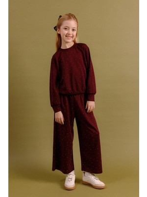 Perendi Kız Çocuk Taş Detaylı Geniş Paça Mevsimlik Alt-Üst Takım