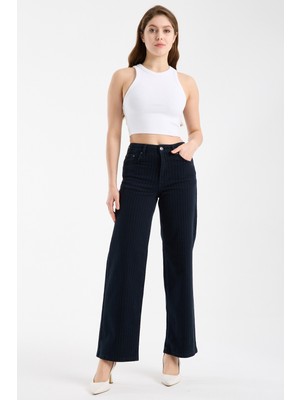JUST UNIQUE DENIM J.U.D Elena 150 Yüksel Bel Çizgili Lacivert Geniş Paça Pantolon Kadın