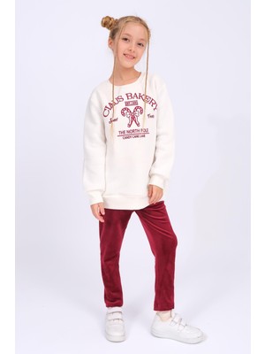 Perendi Kız Çocuk Nakış Detaylı Sweat ve Kadife Taytlı Içi Polarlı Kışlık Takım