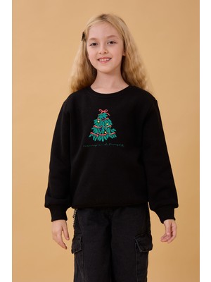 Perendi Kız Çocuk Bisiklet Yaka Nakış Detaylı Kışlık Sweatshirt