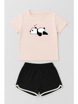 Perendi Kız Çocuk Panda Baskılı Biye Detaylı Şortlu Takım