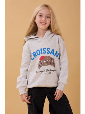 Perendi Kız Çocuk Kapüşonlu Kruvasan Baskılı Içi Polarlı Sweatshirt