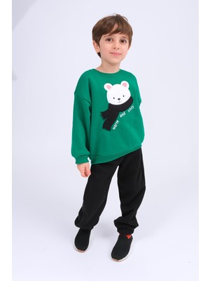 Perendi Erkek Çocuk Ayıcık Aplikeli Sweat ve Eşofman Altı Içi Polarlı Kışlık Takım