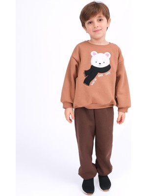 Perendi Erkek Çocuk Ayıcık Aplikeli Sweat ve Eşofman Altı Içi Polarlı Kışlık Takım