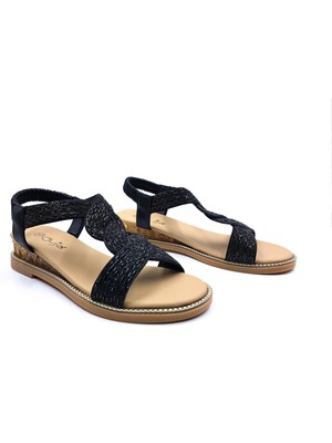 Guja G26Y473 Alçak Dolgu Taban Taşlı Siyah Renk Kadın Şık Sandalet