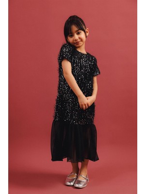 Perendi Kız Çocuk Pullu Saçaklı Tül Detaylı Uzun Elbise – Özel Gün Bayramlık Elbise