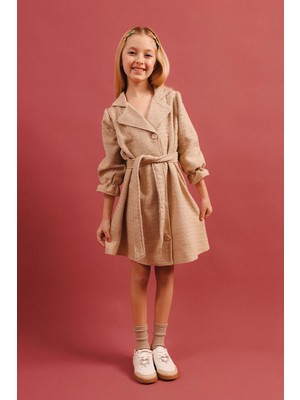 Perendi Kız Çocuk Düğmeli Kemerli Fakir Kol Trençkot Elbise – Özel Gün Kombini