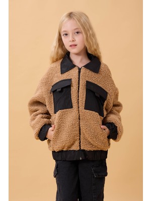 Perendi Kız Çocuk Gömlek Yaka Cepli Peluş Kışlık Mont