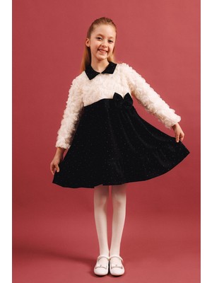 Perendi Kız Çocuk Yakalı Gül Dokulu Pamuk Astarlı Özel Gün Elbisesi