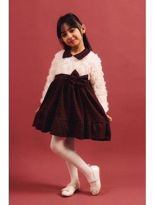 Perendi Kız Çocuk Yakalı Gül Dokulu Pamuk Astarlı Özel Gün Elbisesi