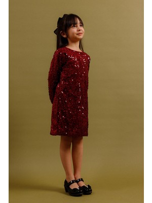 Perendi Kız Çocuk Pullu Uzun Kollu Kadife Elbise – Broş Hediyeli Özel Gün Bayramlık Elbise