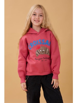 Perendi Kız Çocuk Kapüşonlu Kruvasan Baskılı Içi Polarlı Sweatshirt
