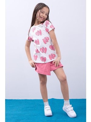 Perendi Kız Çocuk Kalp Desenli Tişört ve Şortlu Etek Takım