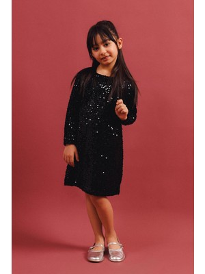 Perendi Kız Çocuk Pullu Uzun Kollu Kadife Elbise – Broş Hediyeli Özel Gün Bayramlık Elbise